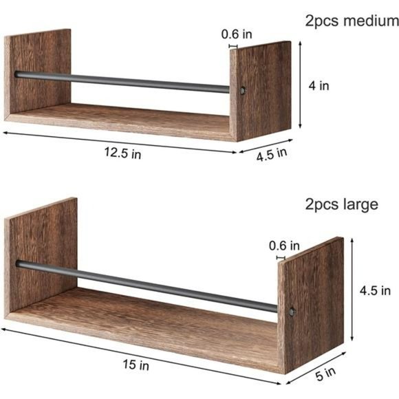 4 Set Floating Wall Shelves, Nursery Book Shelf with Metal Rail - Picture 2 of 7